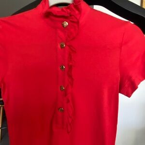 Tory Burch Red Button Down Shirt with Gold Accents